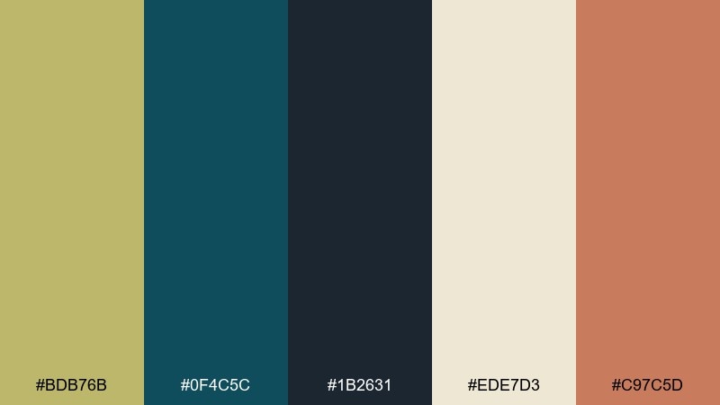 bold accent teal dark khaki color palette with hex codes
