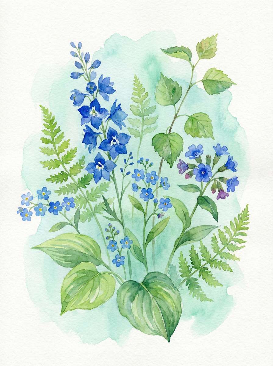 watercolor blue flowers and leaves