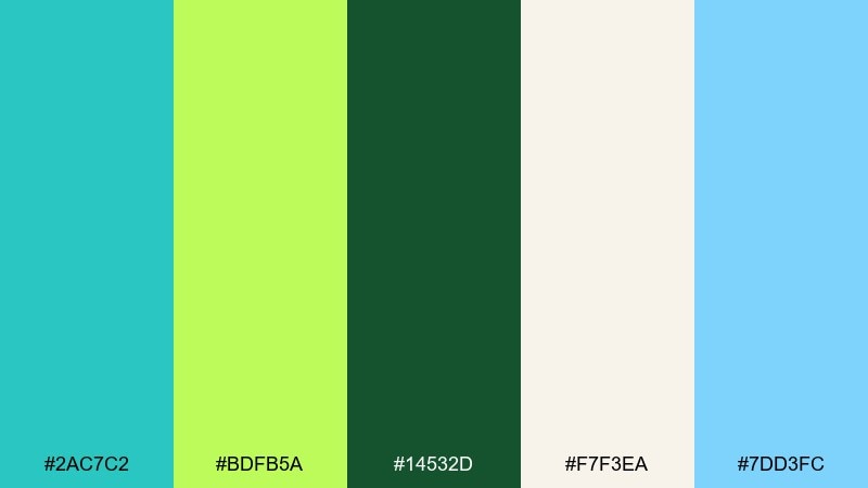 botanical pop watercolor turquoise lime green color palette with hex codes