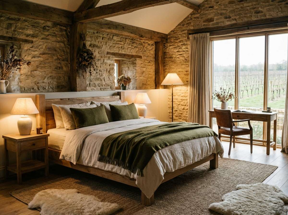 hotel room with olive textiles