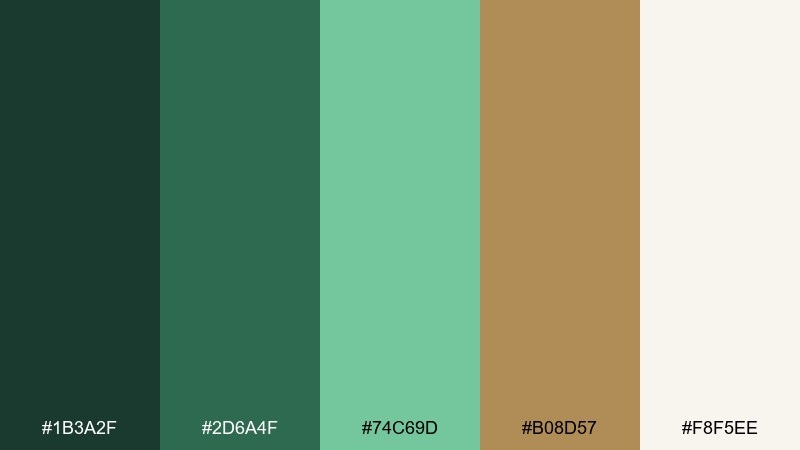 brass and pine peacock color palette with hex codes