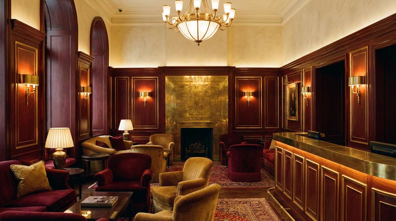 hotel lobby in warm brass tones