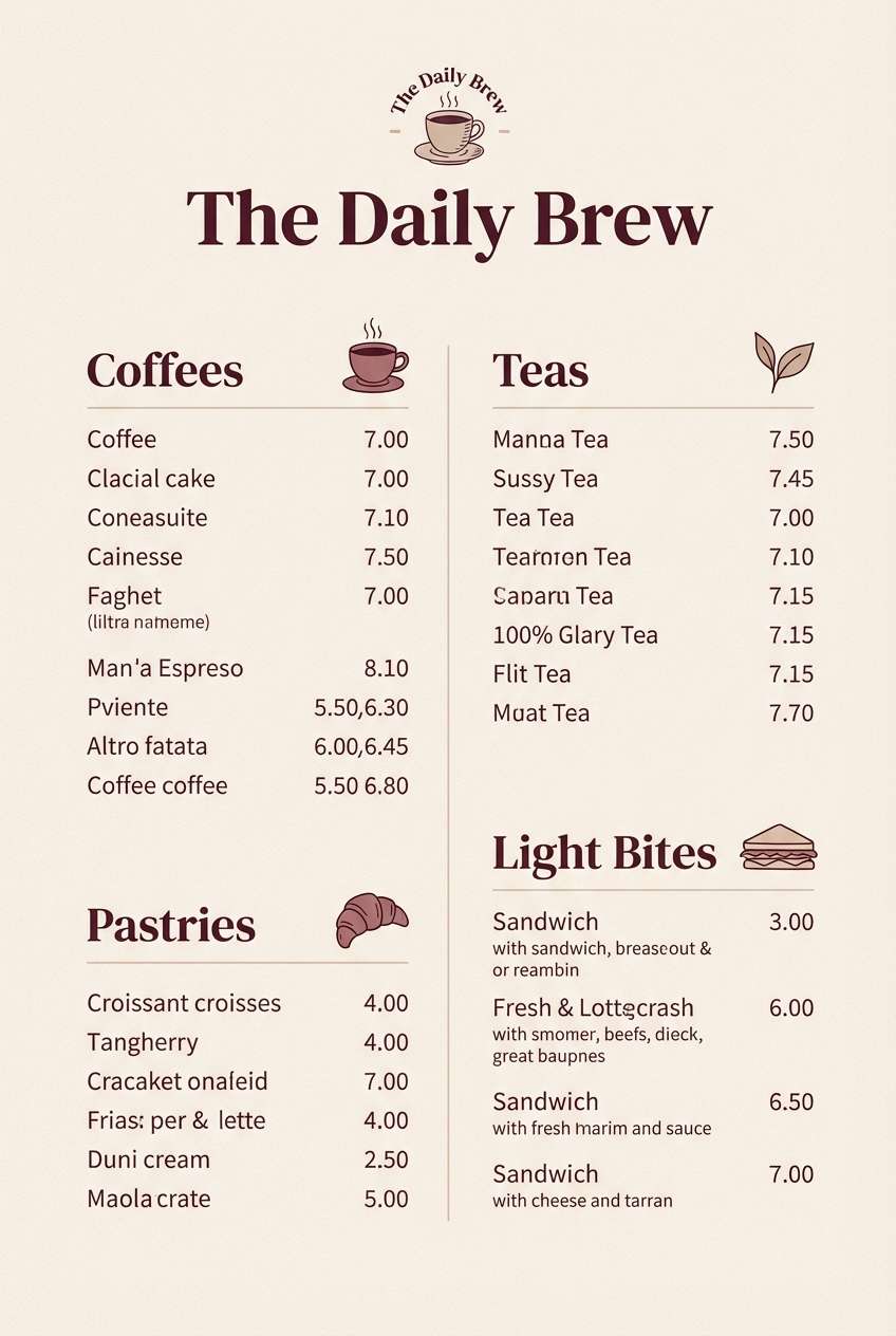 cozy cafe menu