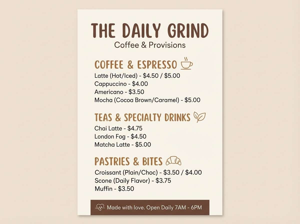 coffee menu layout