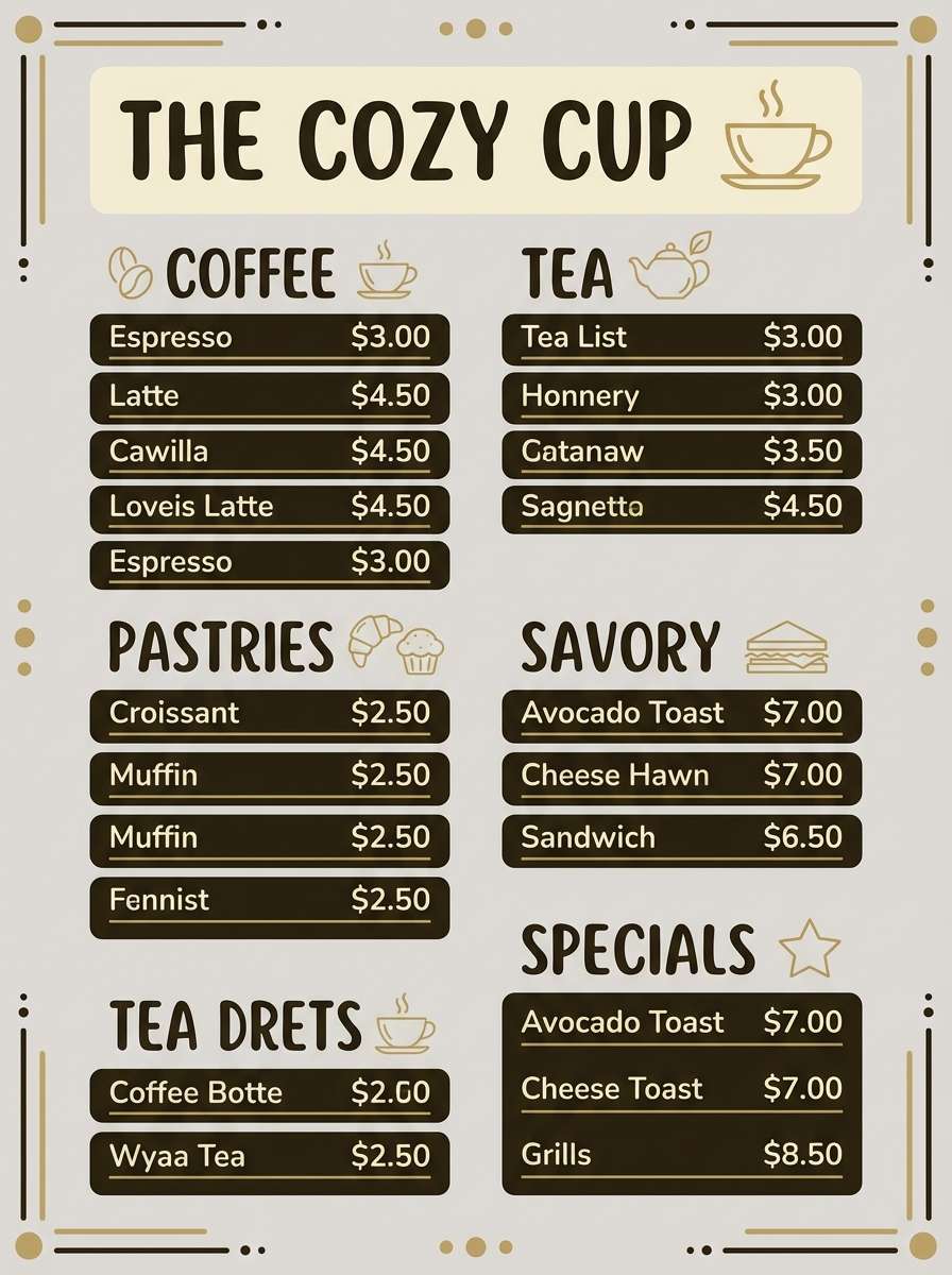 warm cafe menu graphic in a platinum color palette