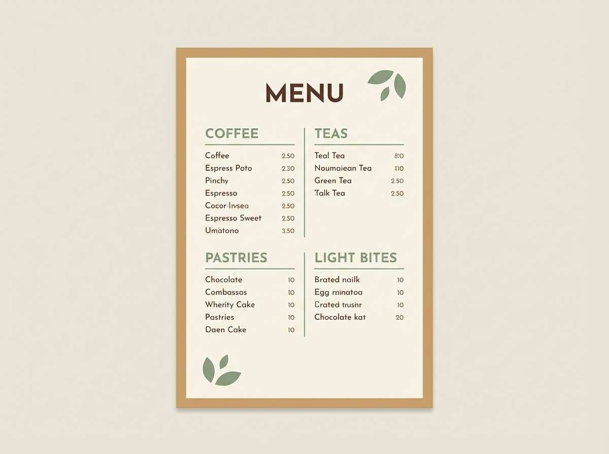 cafe menu layout in camel color tone