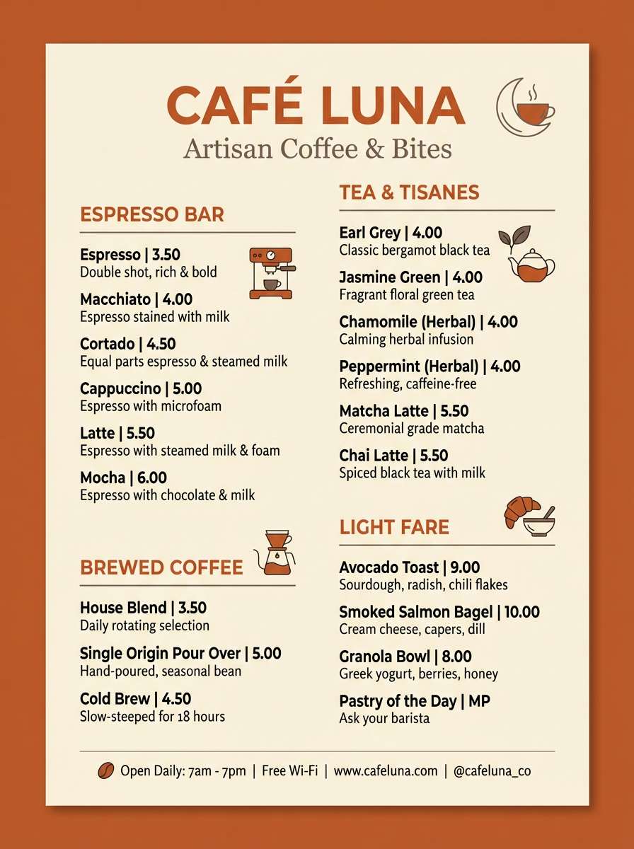 cafe menu in warm neutrals