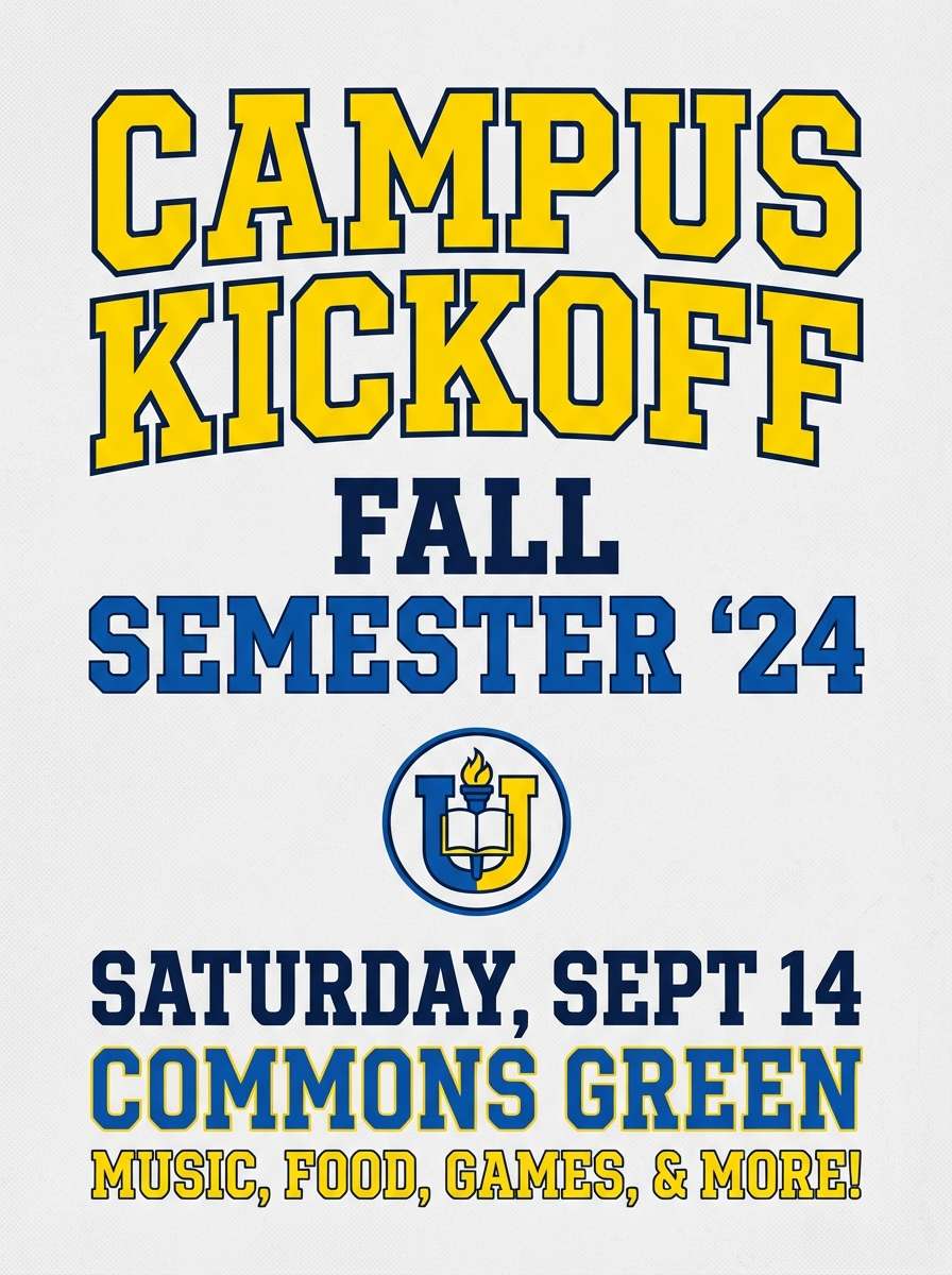 campus poster in blue and yellow