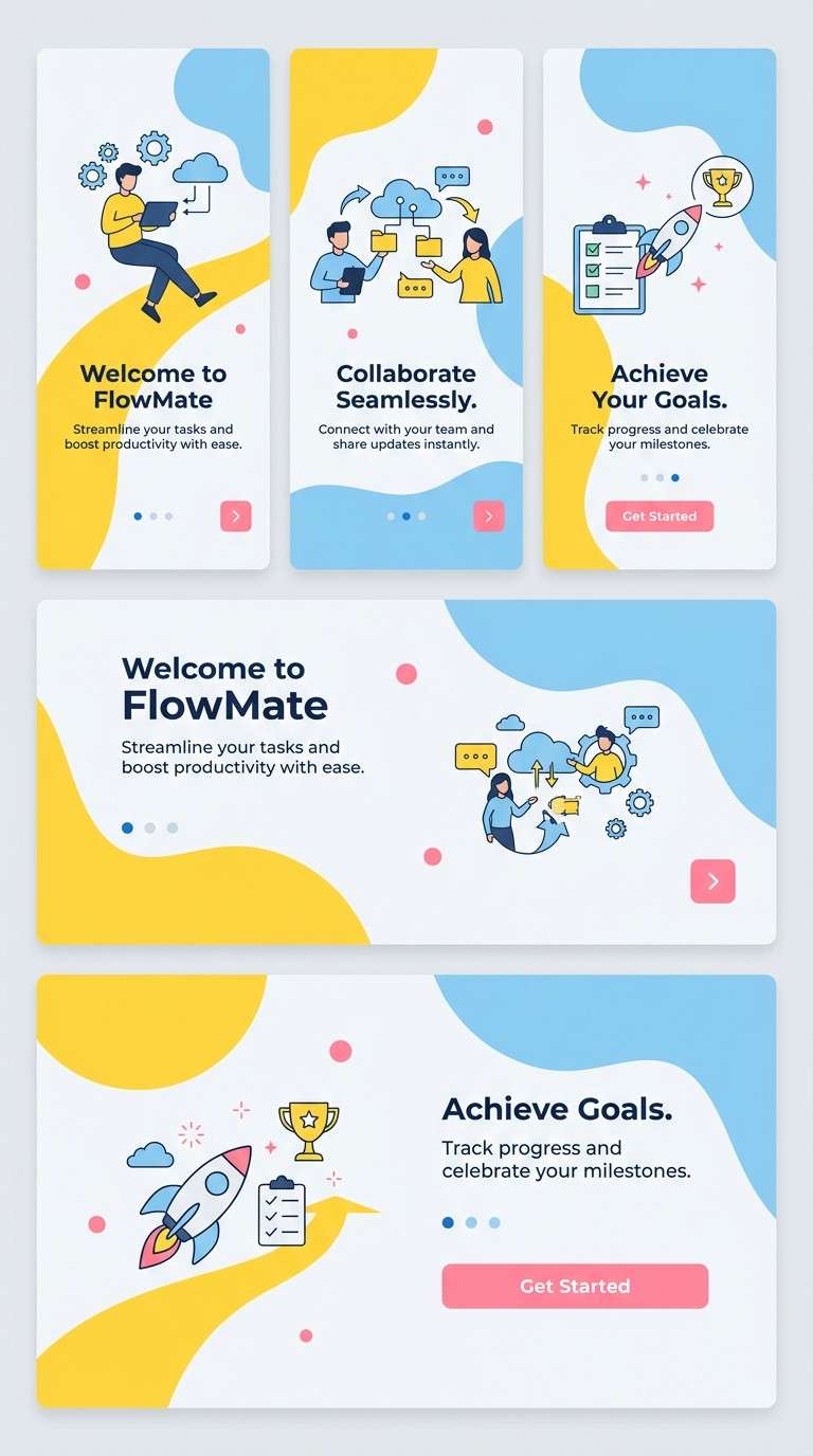 yellow blue onboarding screens