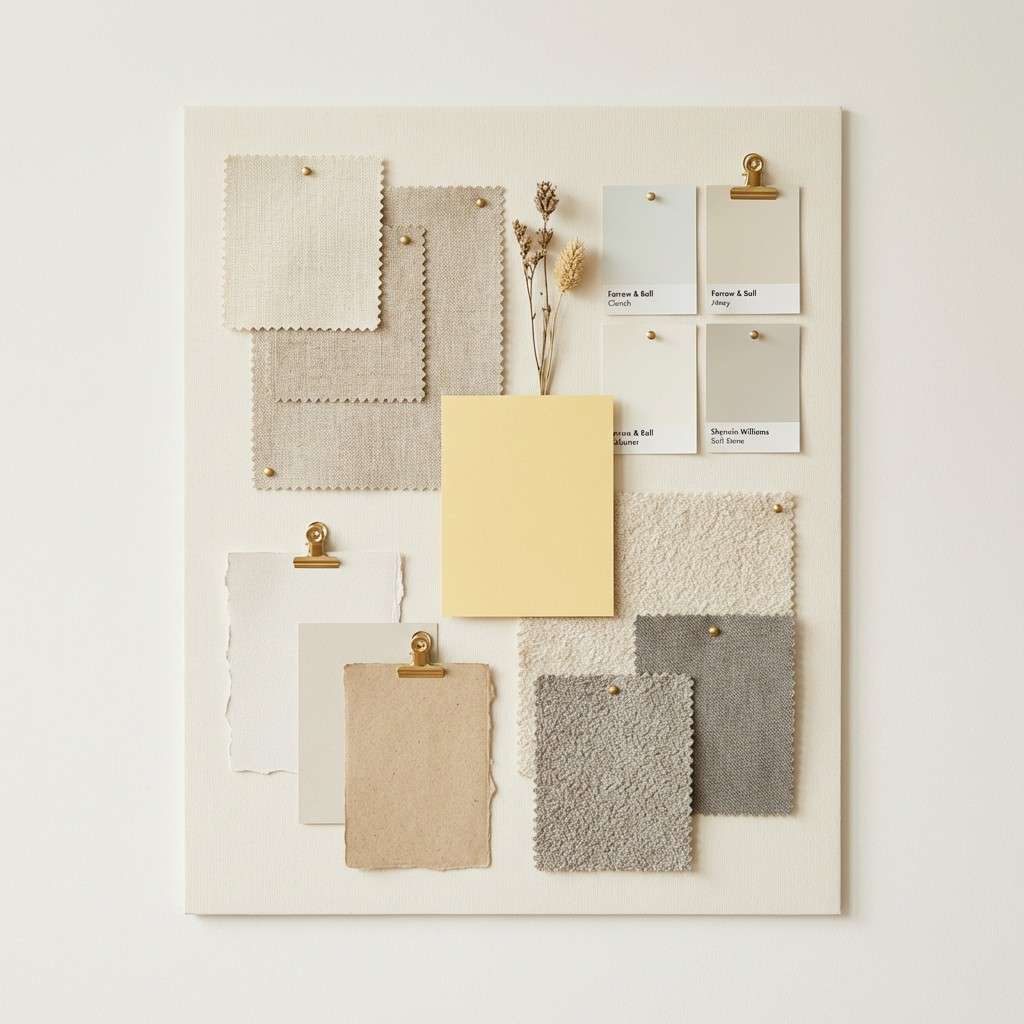 neutral mood board with yellow
