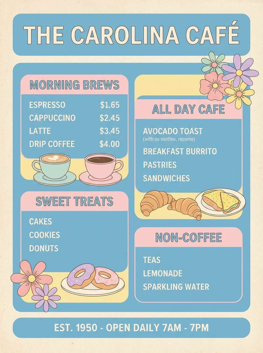 pastel cafe menu layout