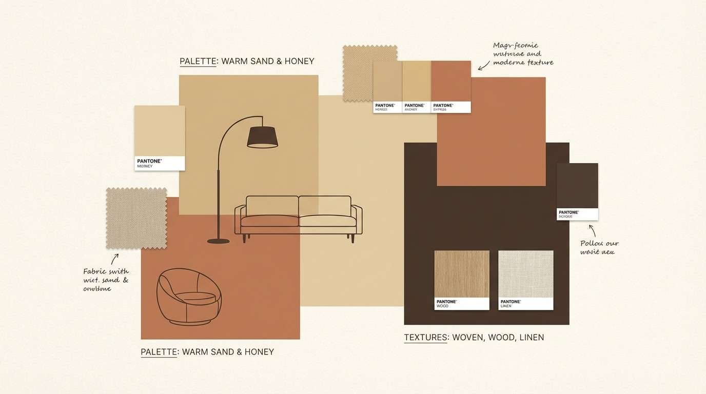 warm interior moodboard in honey tones