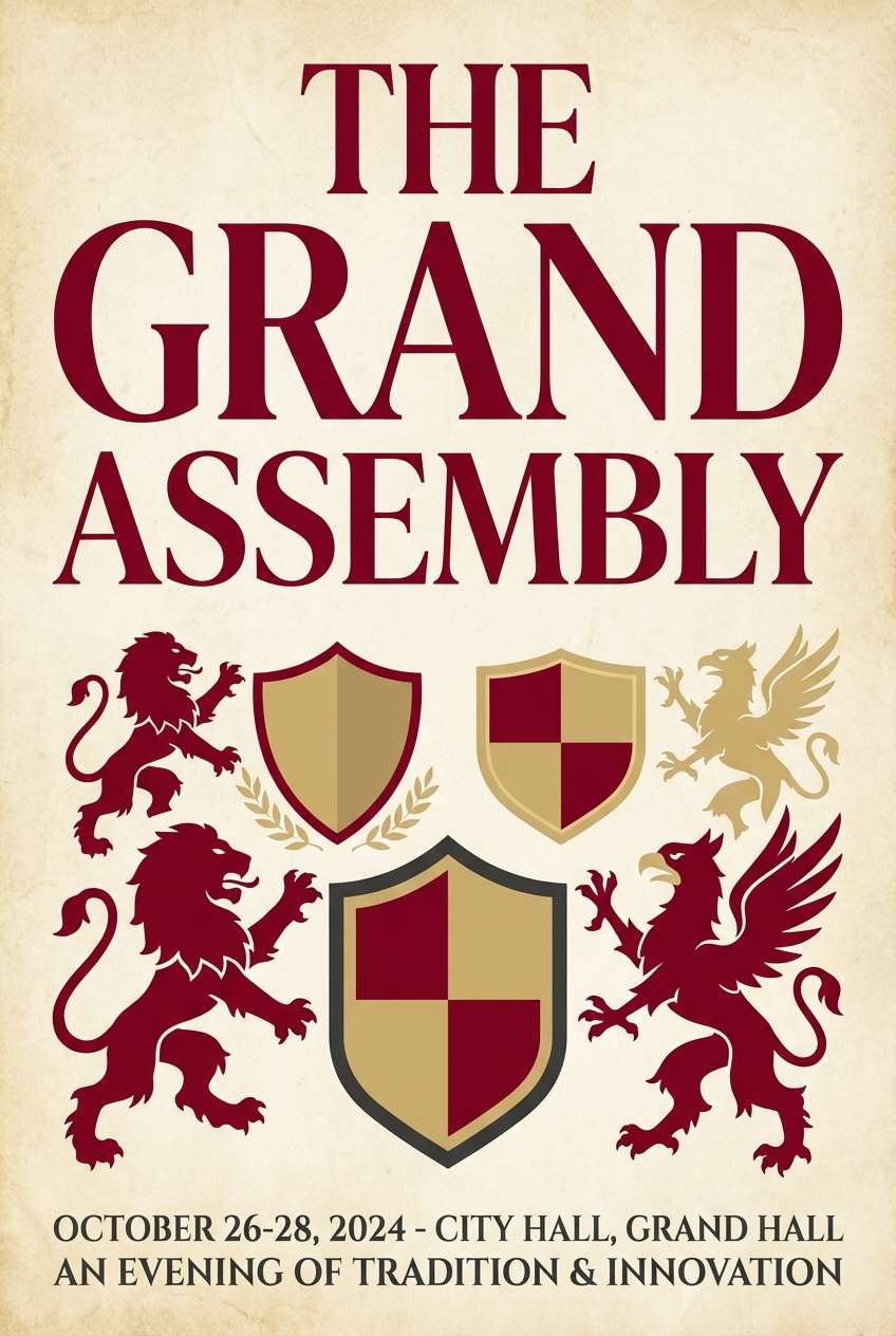 event poster in heraldic crimson