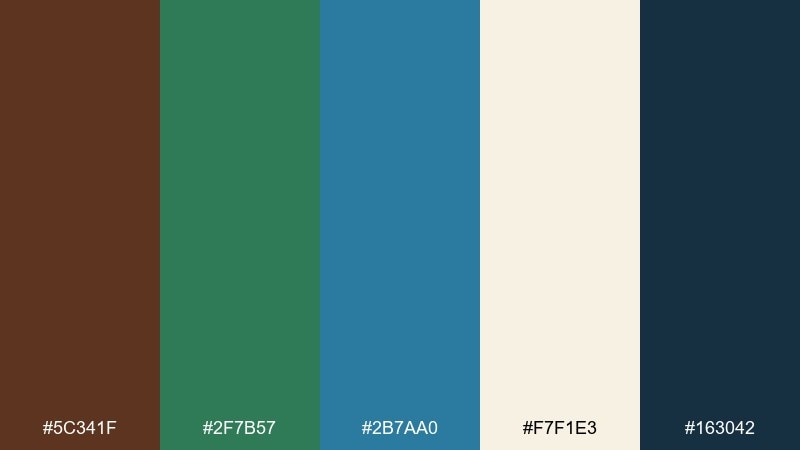 cedar spruce surf brown green blue color palette with hex codes