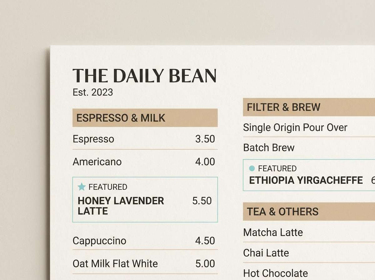 modern coffee menu