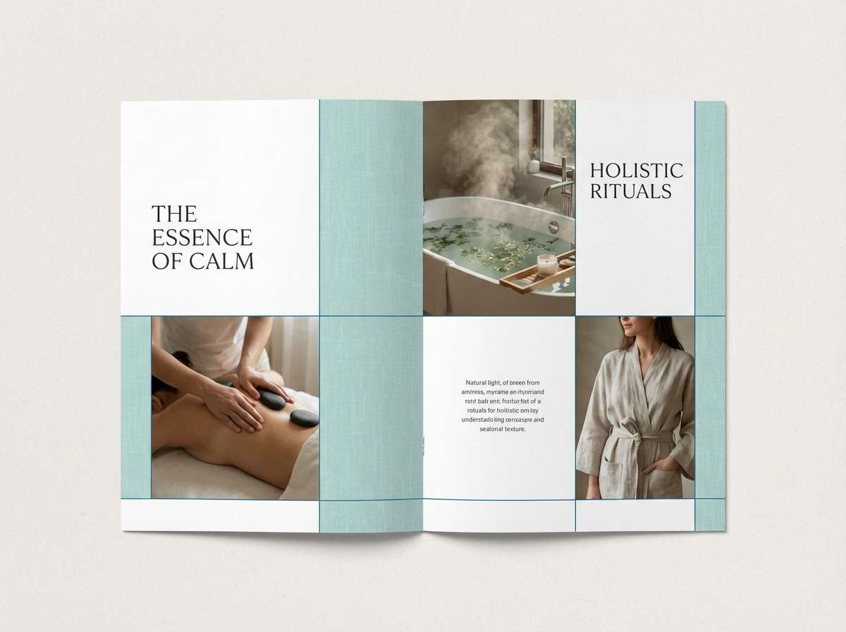 spa brochure editorial layout in deep sky blue tone