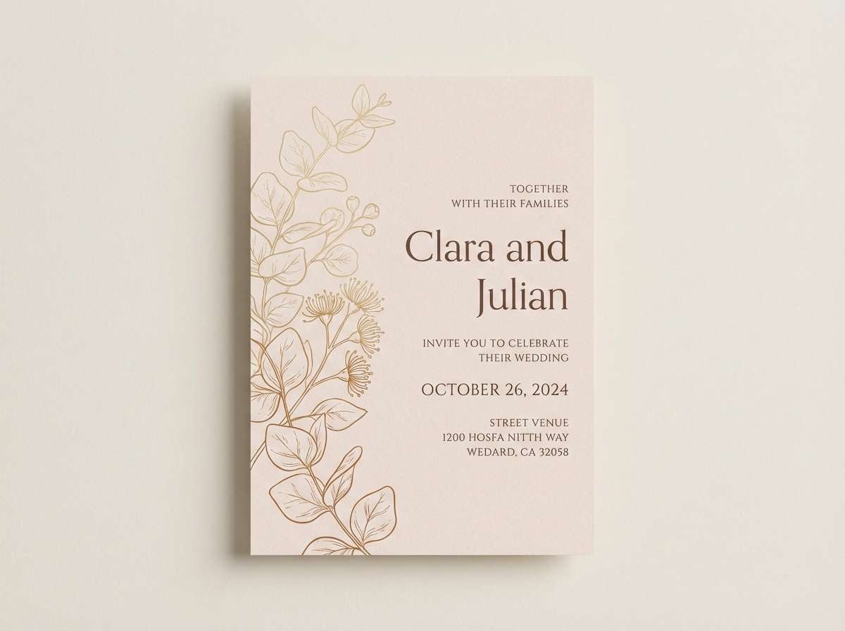 blush wedding invite with warm gold