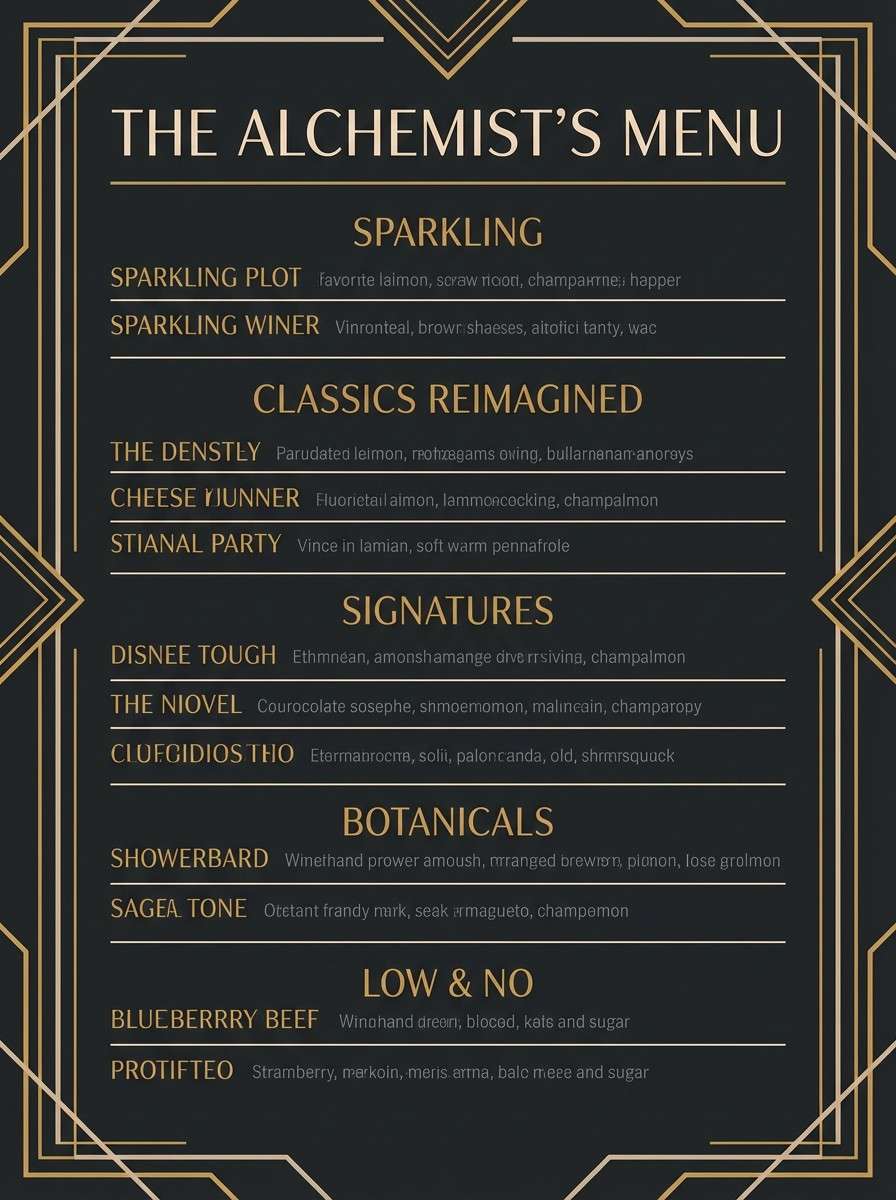 dark cocktail menu with gold accents
