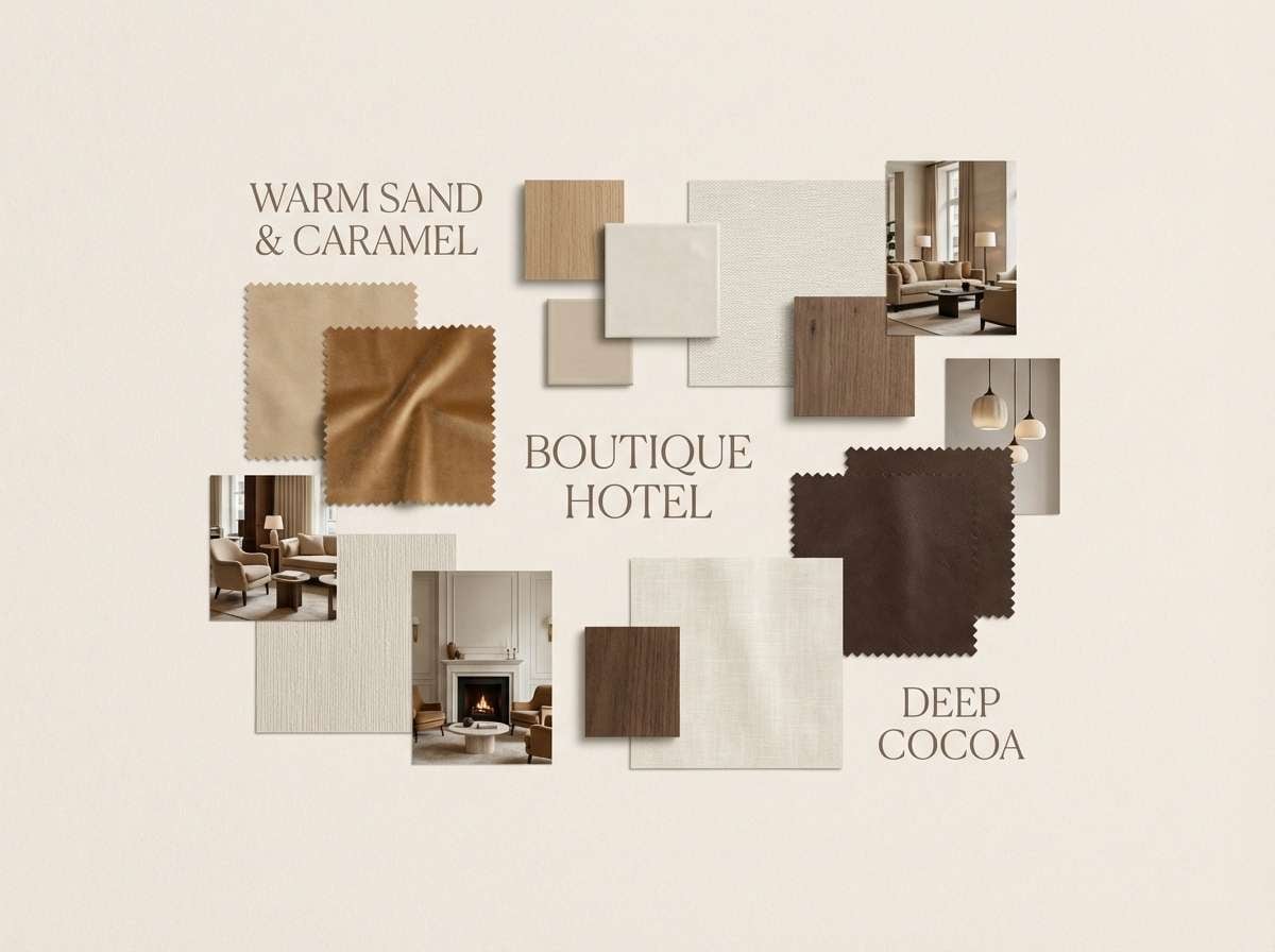 warm hotel mood board in sand tones
