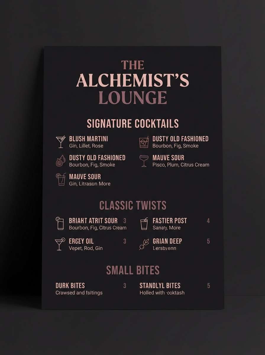 dark cocktail menu blush accents