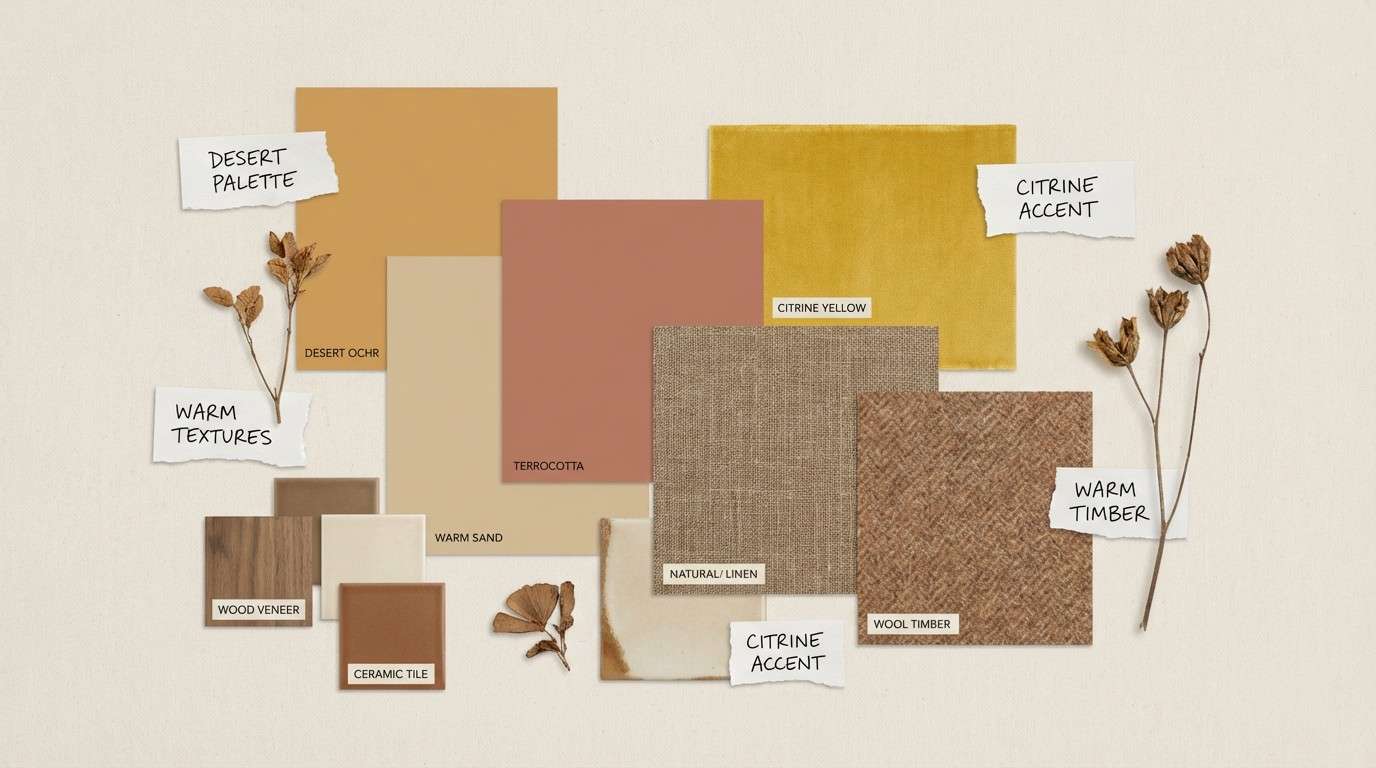 warm interior swatches and fabrics