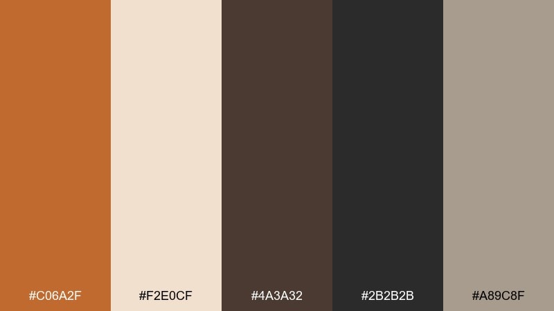 clay and charcoal raw sienna color palette with hex codes