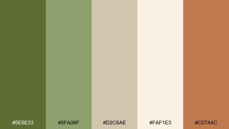 clay and moss green khaki color palette with hex codes