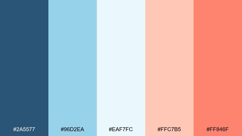 cloudy coral blue and peach color palette with hex codes