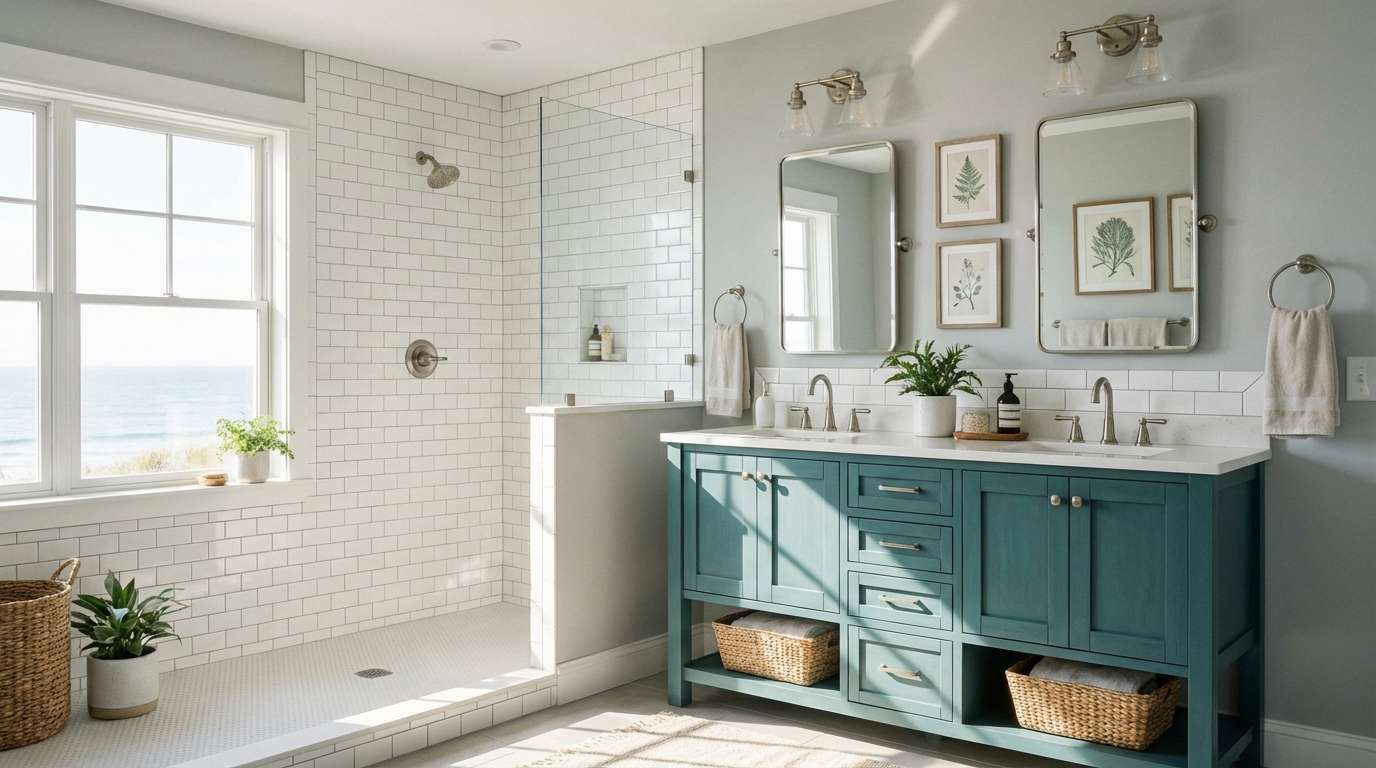 coastal teal gray bathroom