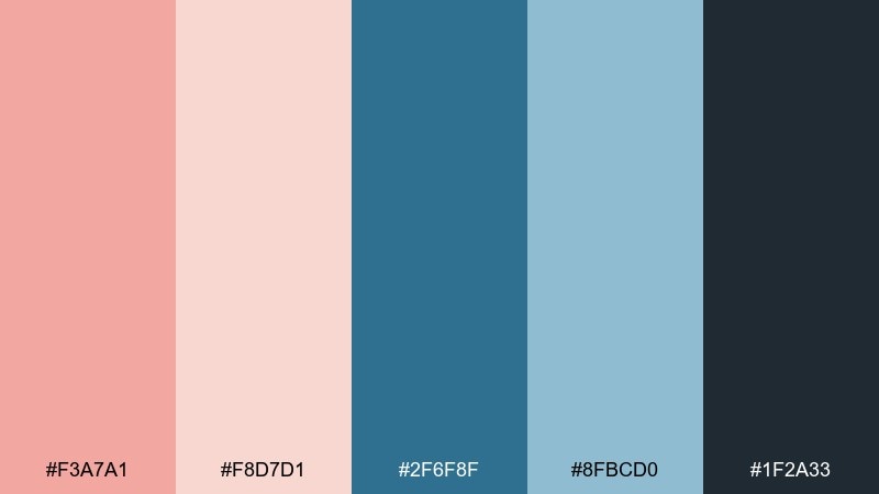 coastal blush bay blue salmon color palette with hex codes