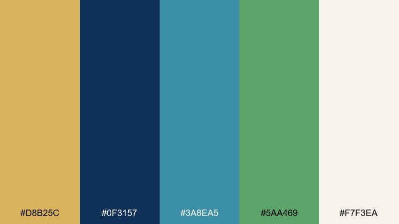 coastal botanical gold blue green color palette with hex codes