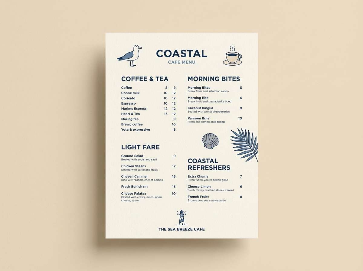 coastal cafe menu layout using nautical color palette