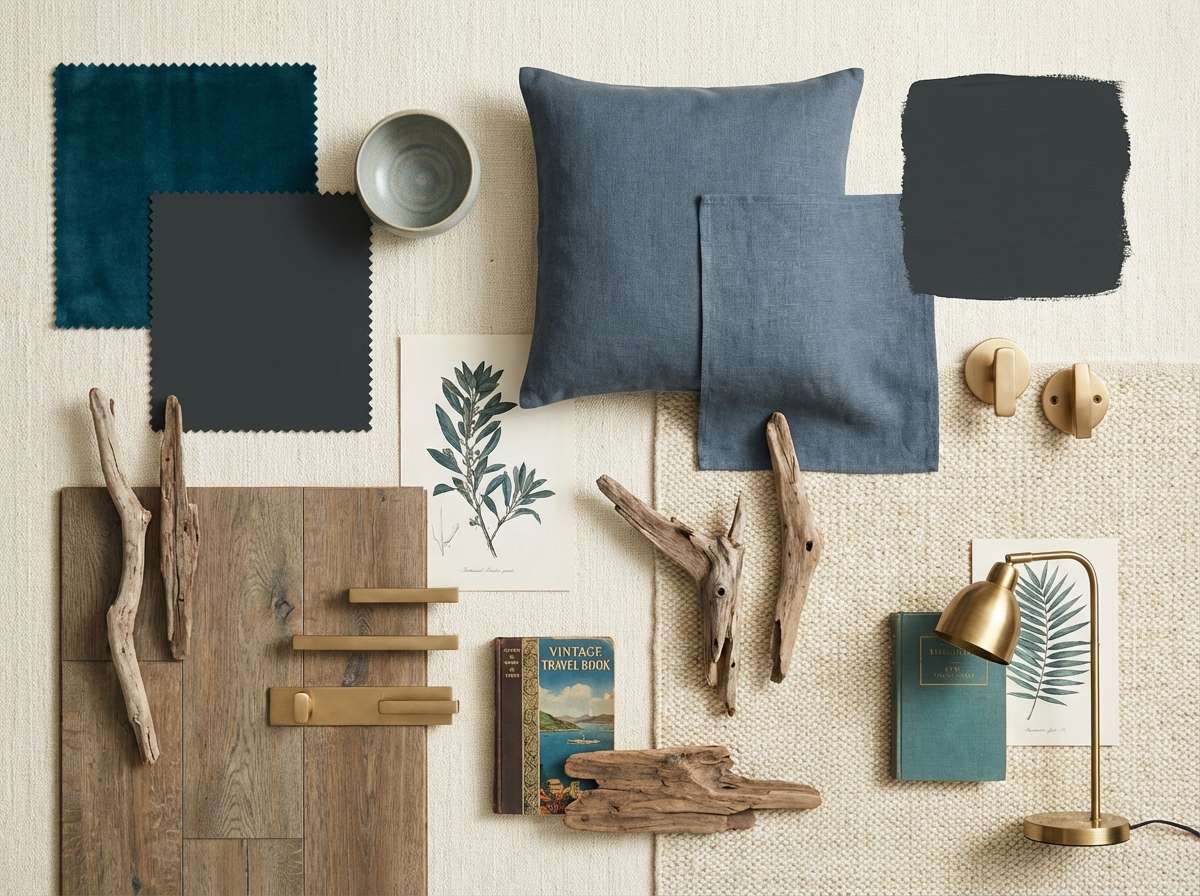 coastal dark turquoise lounge moodboard