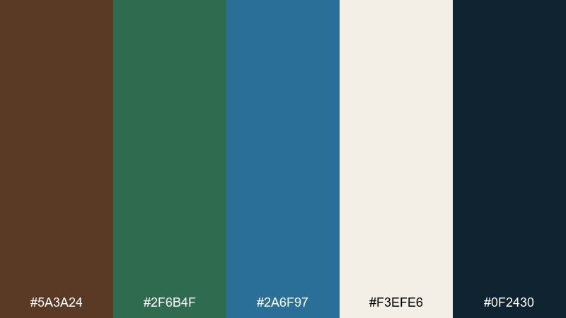 coastal pine brown green blue color palette with hex codes