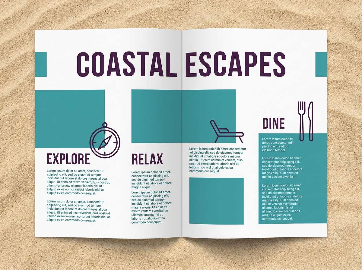 travel brochure in plum teal