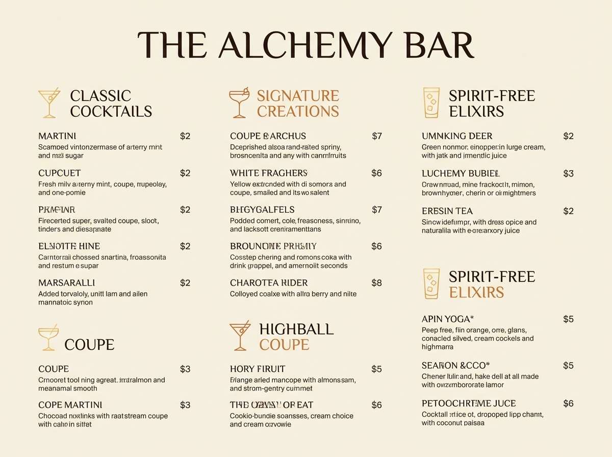 cocktail menu design in brown yellow orange color palette