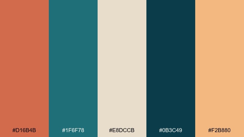 copper & teal contrast burnt sienna color palette with hex codes
