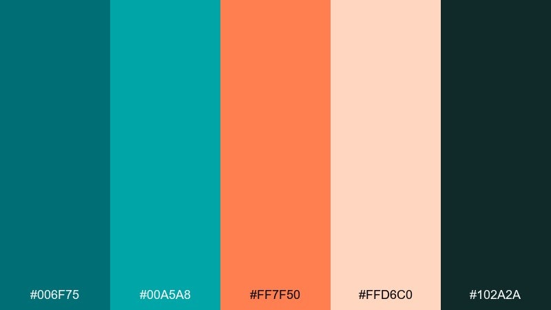 coral reef pop dark cyan color palette with hex codes