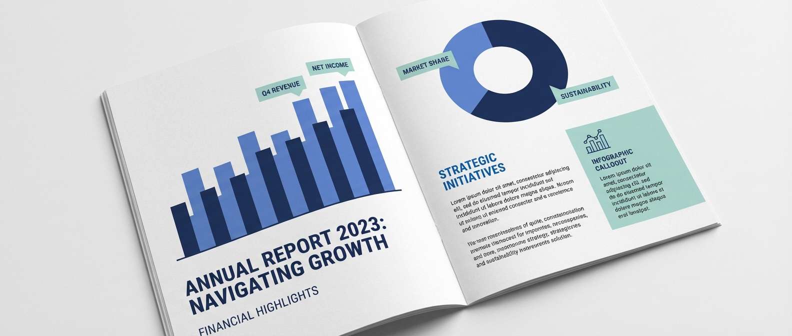 annual report spread in cool blues