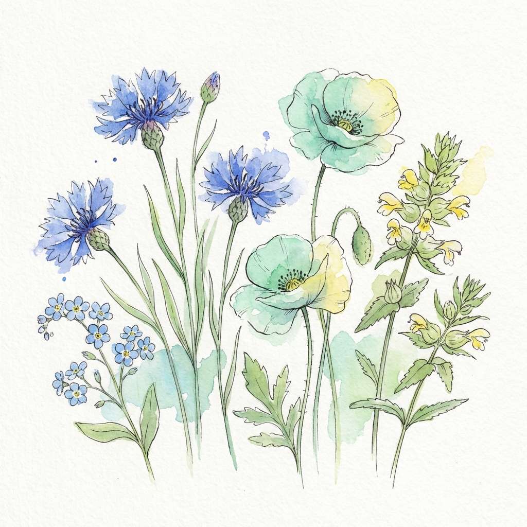 watercolor wildflowers in cool pastels