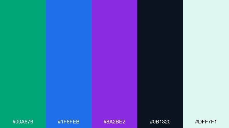 cosmic meadow green blue purple color palette with hex codes