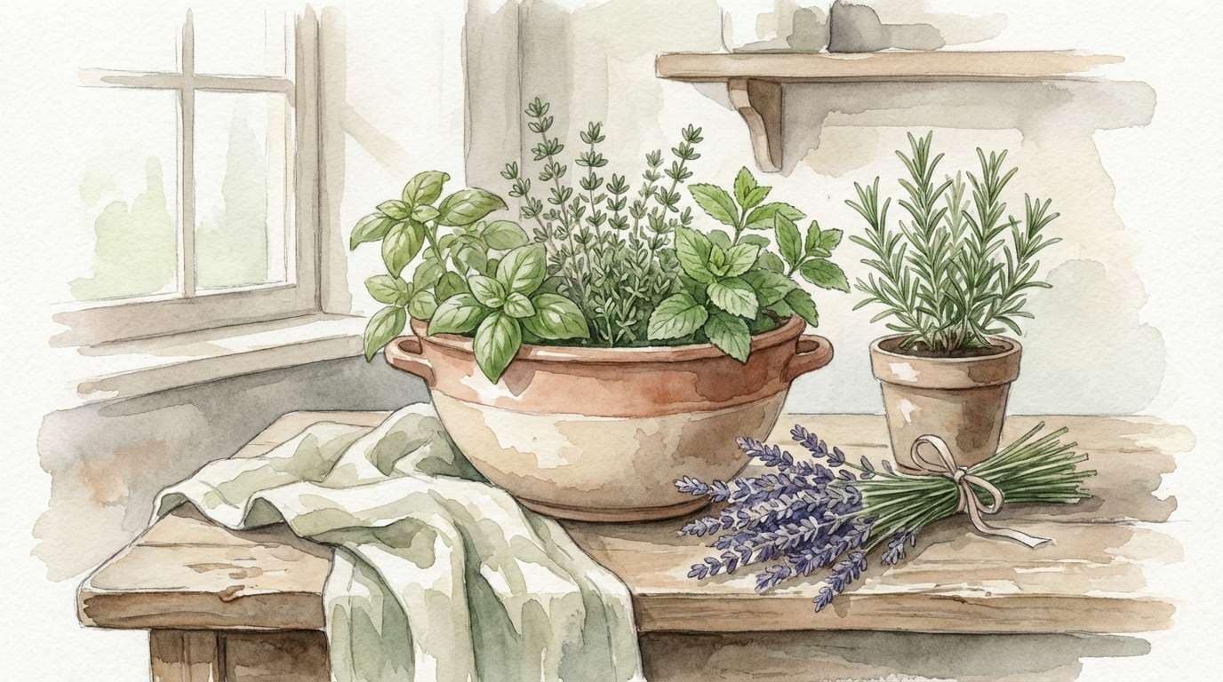 watercolor kitchen herbs banner