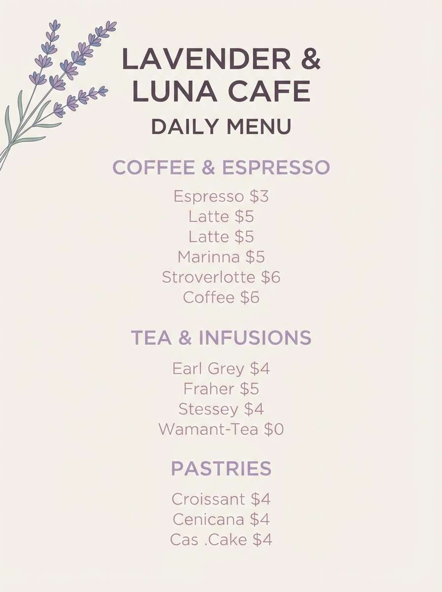 lavender cafe menu flyer