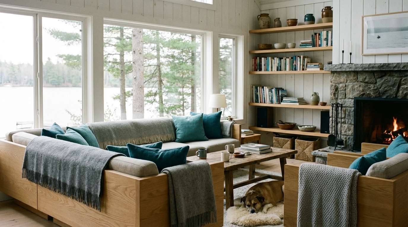 teal gray cozy living room