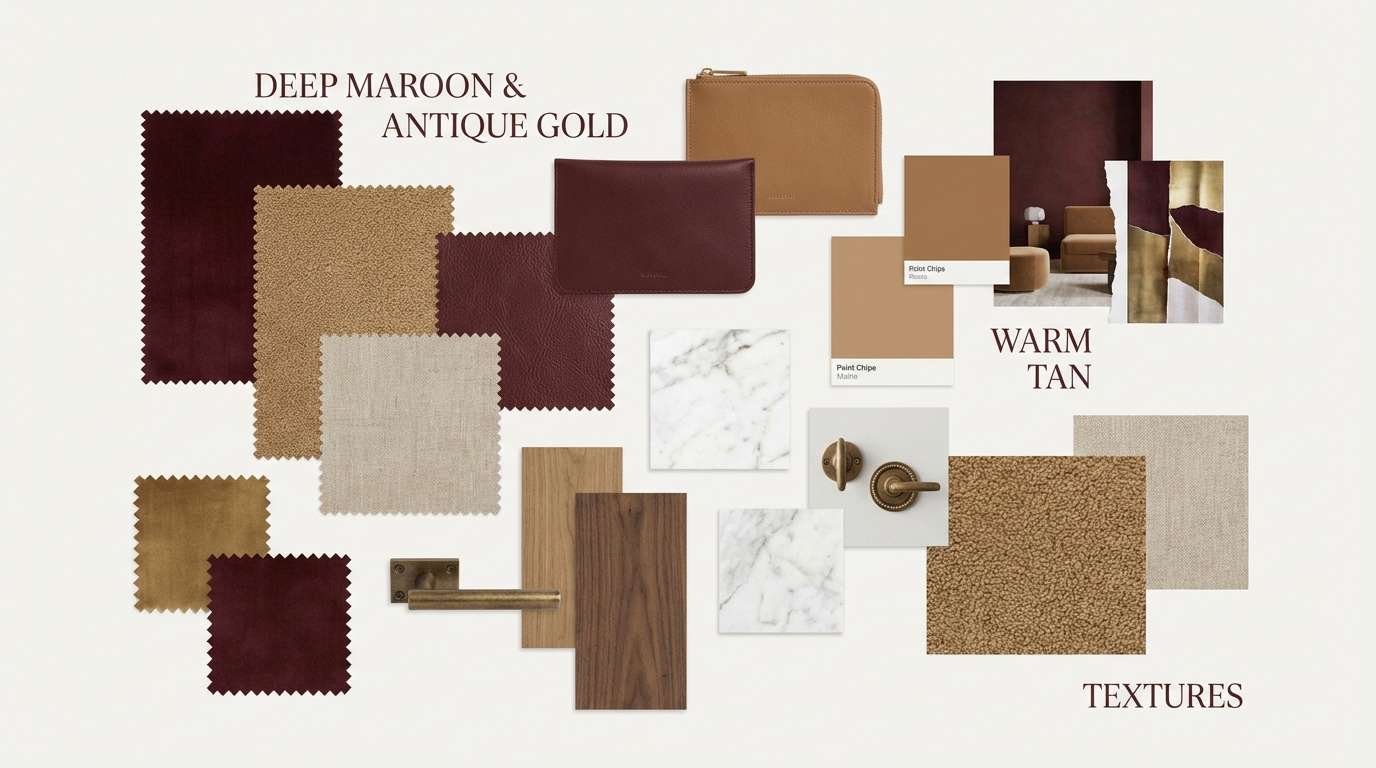 cozy living room moodboard in maroon and gold color palette