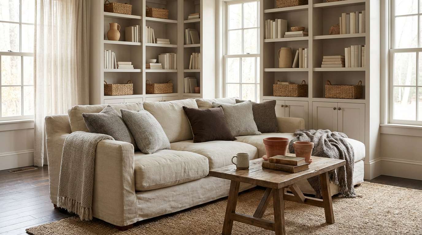 cozy warm neutral living room
