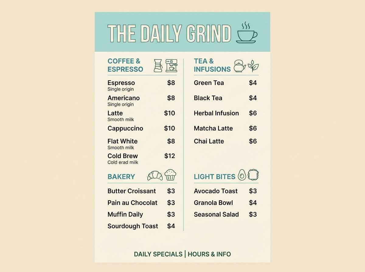 coastal cafe menu layout