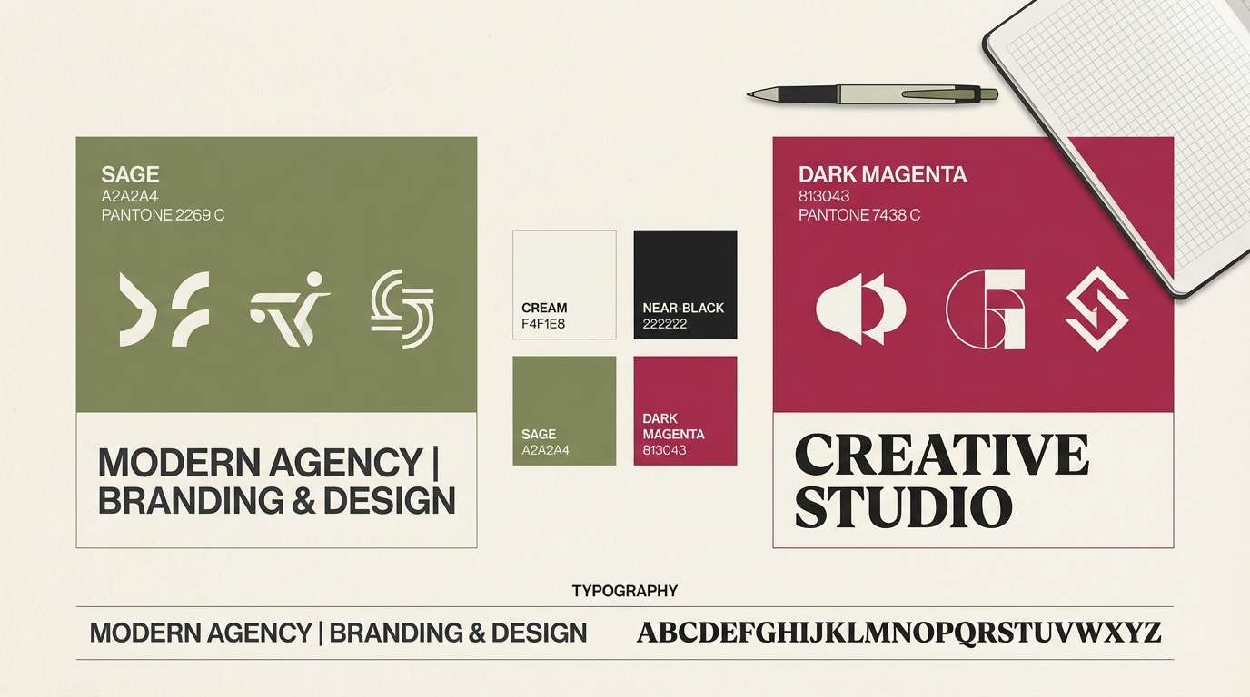 creative agency brand kit in dark magenta color scheme