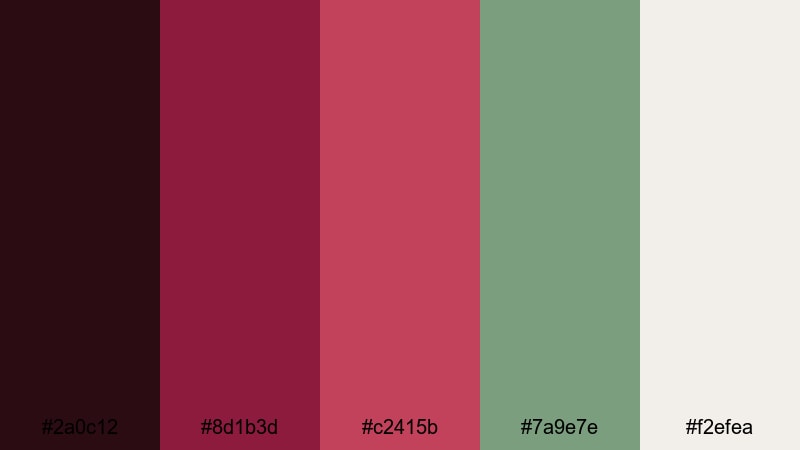 crimson and sage color palette with hex codes