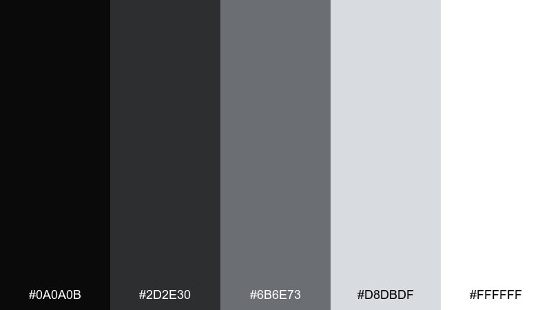 crisp monochrome formal color palette with hex codes